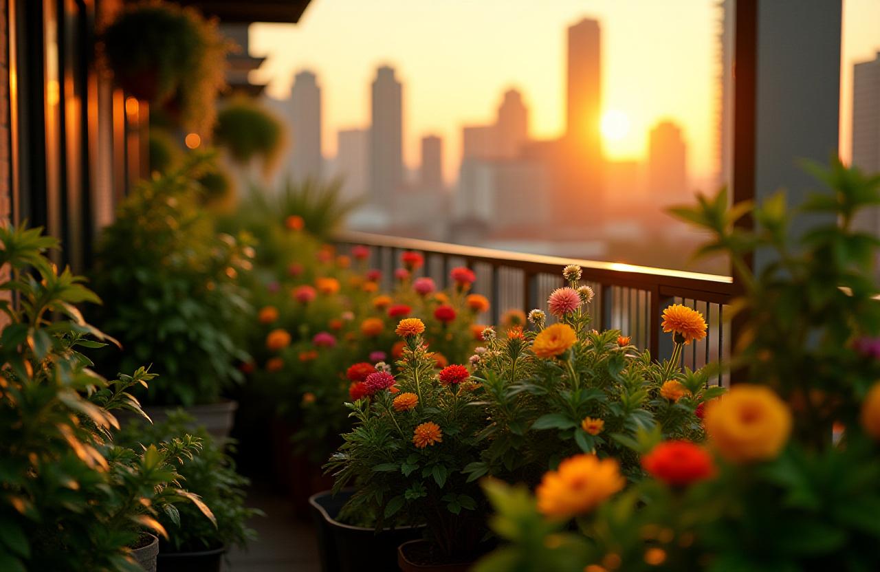 A lush and vibrant urban balcony garden overflowing with plants in the morning sun.