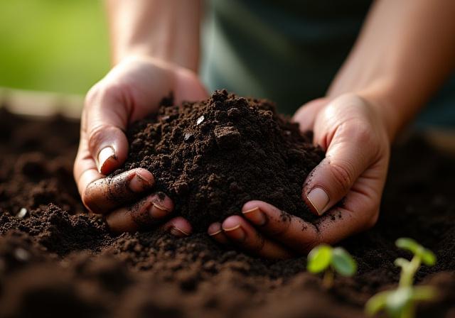 Close-up of a gardener mixing organic matter into garden soil.