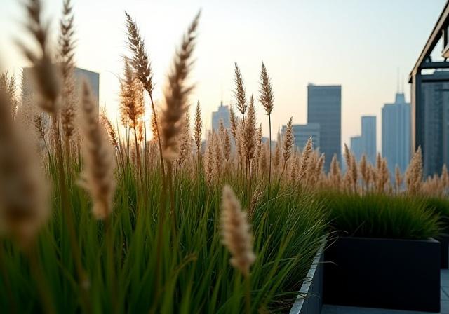 Tough ornamental grasses swaying gracefully in the wind on a rooftop.
